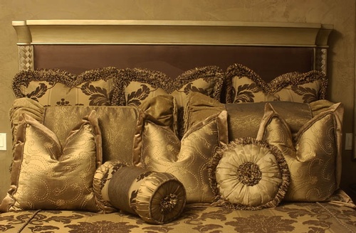 Vintage Throw Pillows and Bolster on the bed by Classic Interior Designs Inc - Cushion Store Fresno