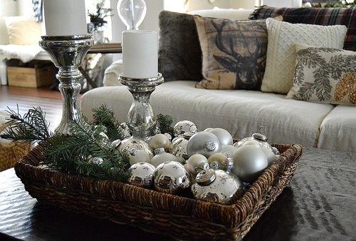 Silver baubles in a Whisker Tray - Home Decor Fresno by Classic Interior Designs Inc