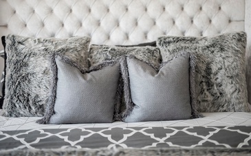 Grey Throw Pillows on Bed - Monochromatic Hotel Luxury Bedroom Decor Whitby by Royal Interior Design Ltd.