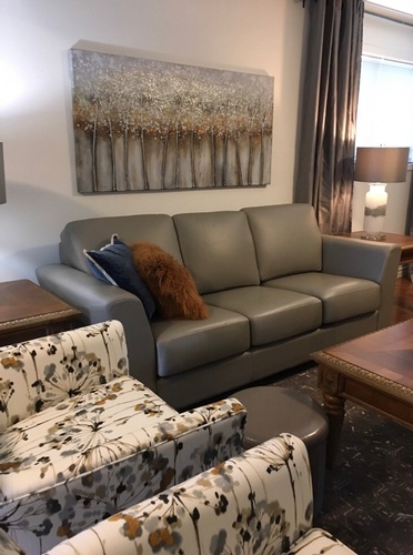 Living Room With Grey Leather Sofa - Interior Decorating Services Greater Sudbury ON by INTERIORS by NICOLE