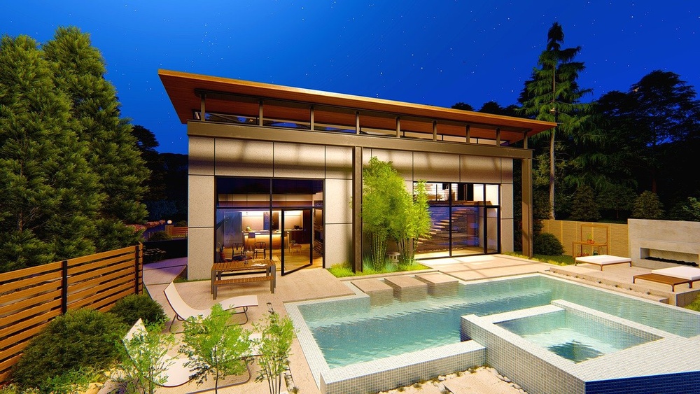 Exterior of a house with a swimming pool area