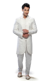 White Color Cotton Silk Rich Look Indo Western Sherwani