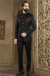 Black Bandhgala Jodhpuri Suit With Red Accents