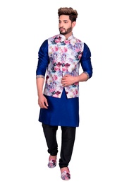 Blue Kurta Set With White Multi Floral Print Silk Jacket