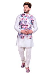 Off White Kurta Set With Multi Floral Print Silk Jacket