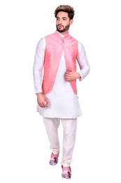 Pretty Look Off White Kurta Set With Light Pink Silk Jacket