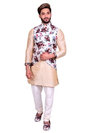 Beige Kurta Set With Apple Cut White Floral Silk Print Jacket