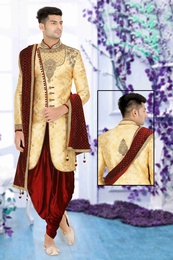 Trendy Apple Cut Gold Maroon Wedding Sherwani