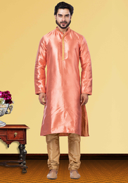 Pink And Golden Jacquard Fabric Kurta Pajama