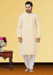 Lucknowi Chikankari Work Yellow Kurta Pajama