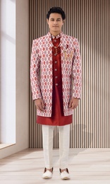 Lucknowi With Tikki Work Multicolor Red Sherwani With Jacket