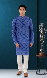 Festive Wear Blue Cotton Print Kurta Set