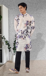 White Color Floral Silk Kurta Pajama
