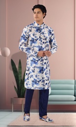 White And Blue Floral Print Silk Kurta Set