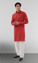 Red And White Color Combination Cotton Pathani Suit