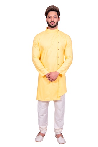 Exquisite Yellow Cotton Indo Western Sherwani