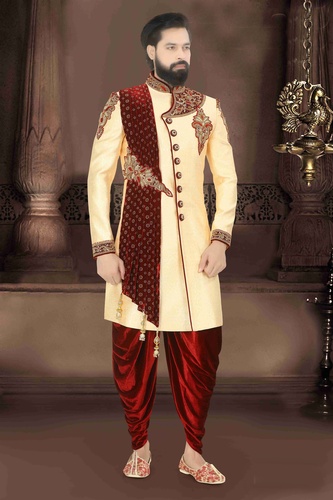 Elegant Look Cream Maroon Dhoti Sherwani