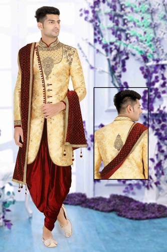 Trendy Apple Cut Gold Maroon Wedding Sherwani