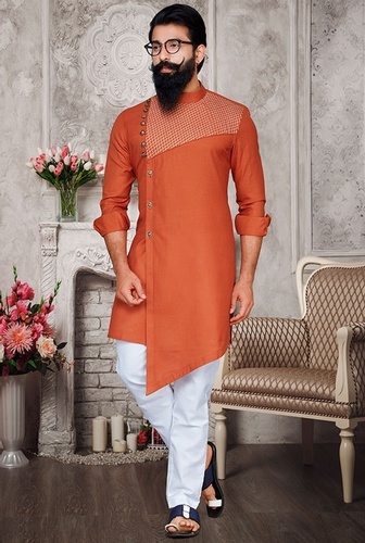 Asymmetrical Orange Cotton Indo Western Sherwani