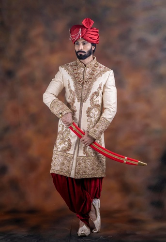 Off White Jute Silk Fabric Royal Wedding Sherwani