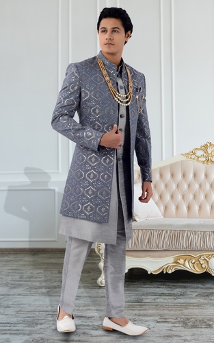 Lucknowi Work Modern Grey Jacket Style Sherwani