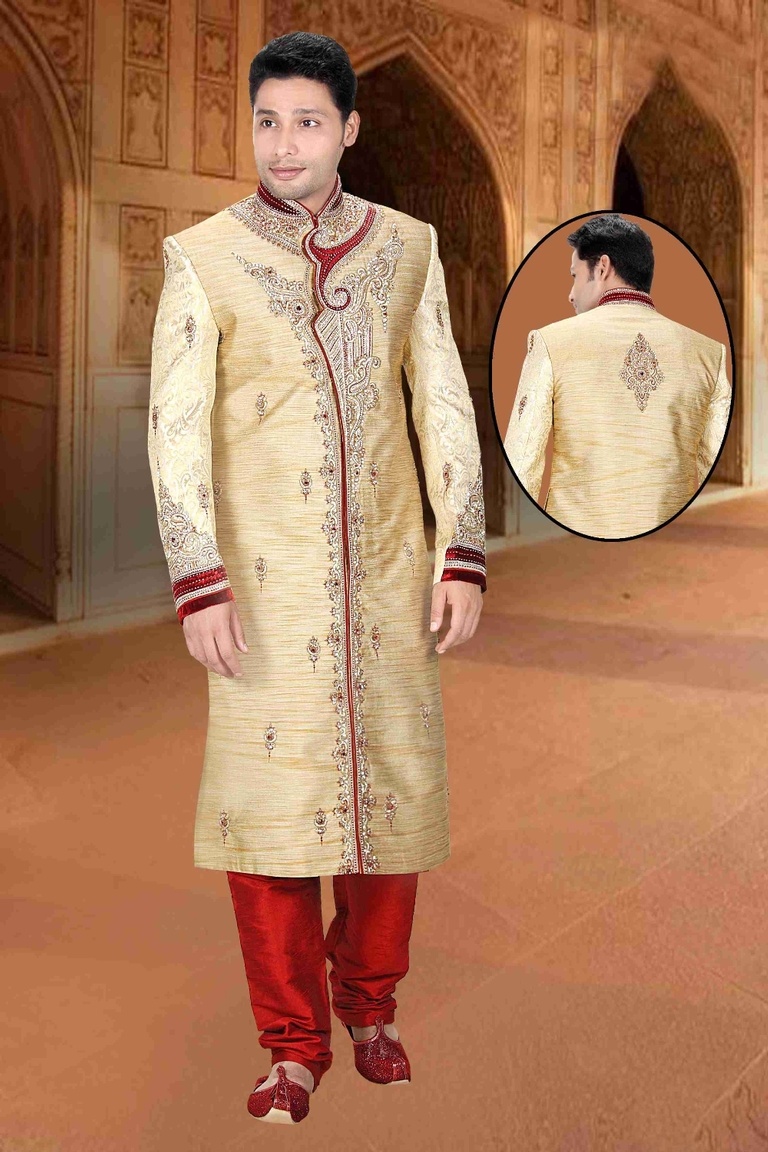 Living In Style Cream Color Mens Royal Sherwani For Wedding