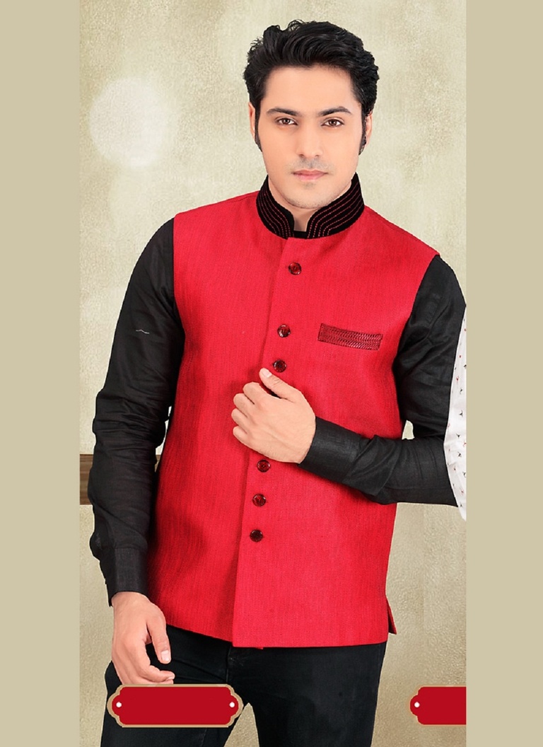 Extravagant Banarasi Red Color Jute Nehru Jacket