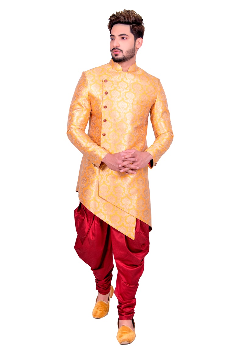 Groom Yellow Silk Asymmetrical Indo Western Sherwani
