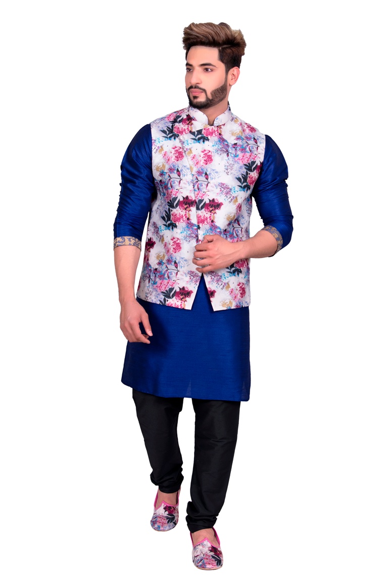 Blue Kurta Set With White Multi Floral Print Silk Jacket