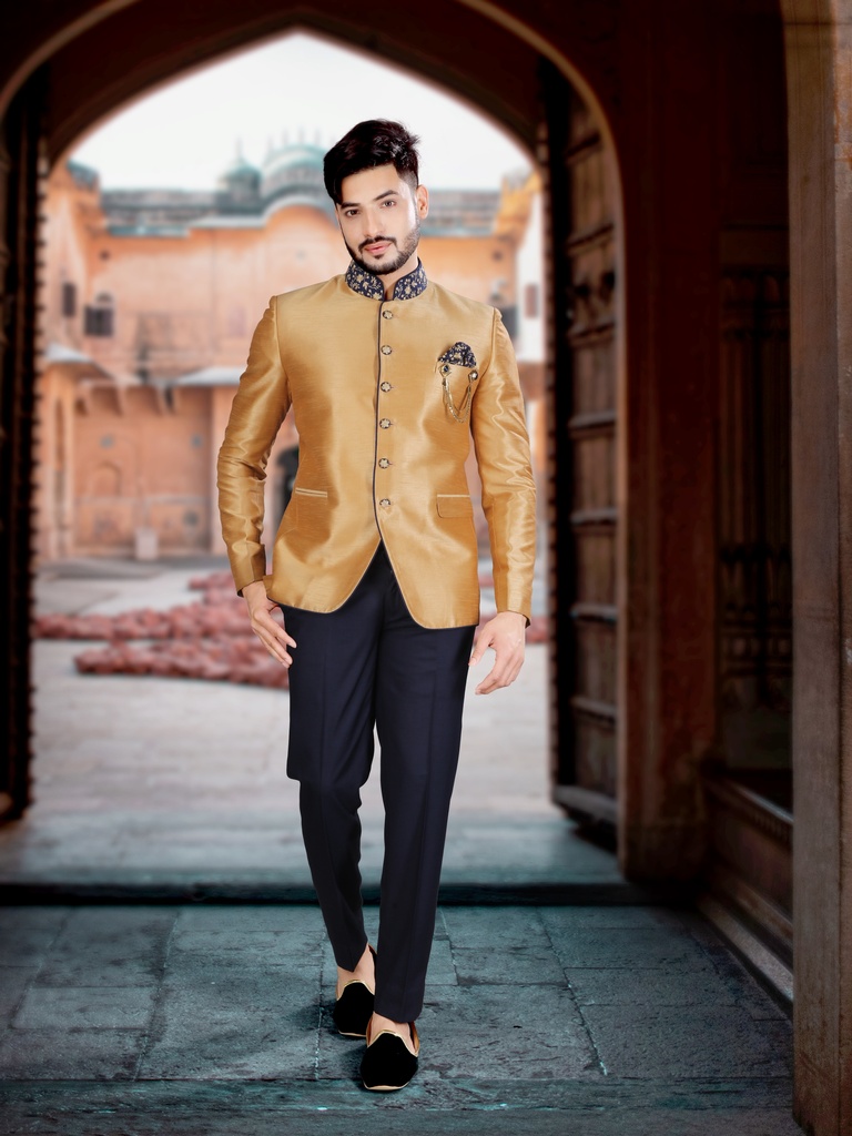 Apple Cut Golden Jodhpuri Suit