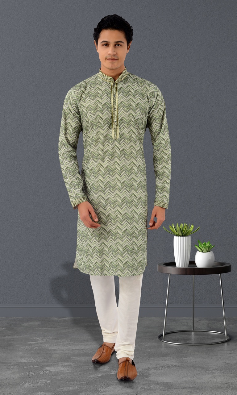 Green Color Zigzag Print Cotton Silk Kurta Pajama