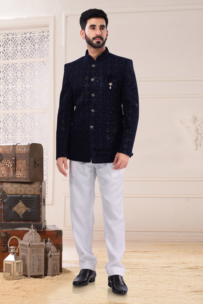 Black Jodhpuri Suit With Velvet Embroidery Work Fabric