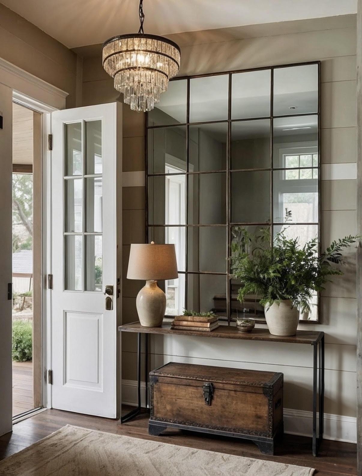 Distinctive mirror reflecting light in a compact entryway