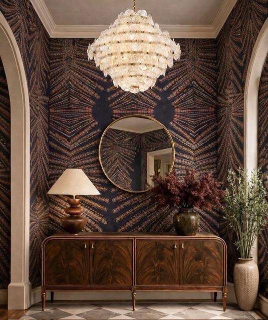 Small foyer transformed with patterned wallpaper