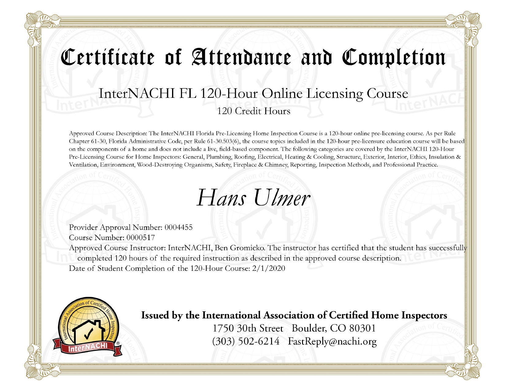 Chris -  Course Completion Certification 120hr