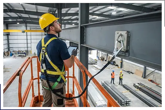 Two industrial workers reviewing safety documentation with support from a Stratford health and safety consultant