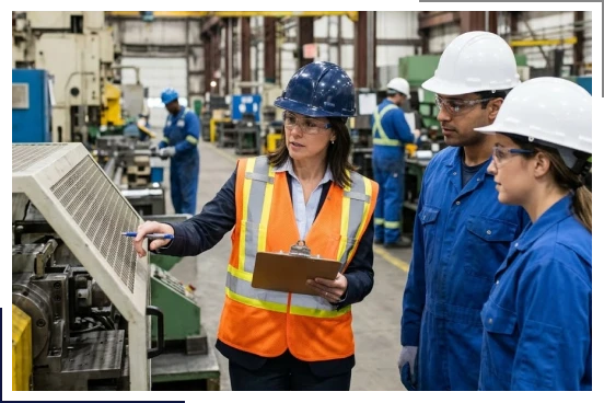 Two industrial workers reviewing safety documentation with support from a Hamilton health and safety consultant