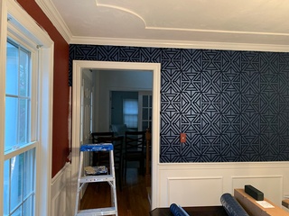 Blue Symmetrical Wallpaper Installation Services by Peter Ricciarelli Painting and Wallpapering Company in Whitman