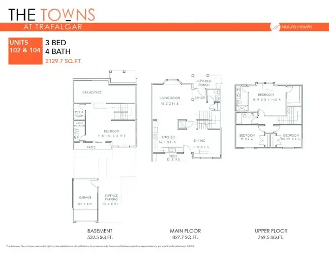 Custom-designed 3-bed, 4-bath floor plans for Towns At Trafalgar units 102 and 104 by Noura Homes