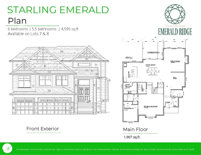 Explore the front exterior and main floor plan of the custom Starling Emerald home by Noura Homes