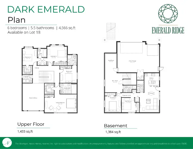 Explore the well-designed upper floor and basement plans of our stunning Dark Emerald custom home by Noura Homes
