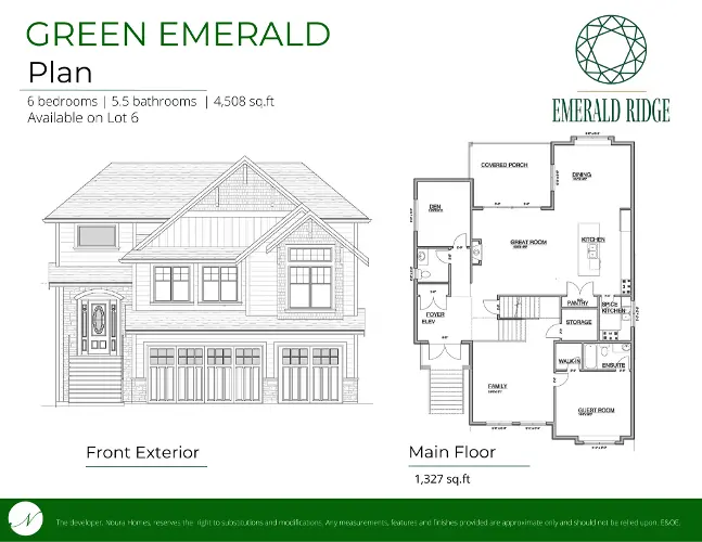 Discover the front exterior and main floor plan of the elegant Green Emerald custom home by Noura Homes