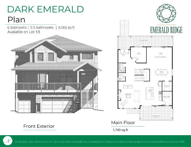 Delve into the front exterior and main floor plan of the distinctive Dark Emerald custom home by Noura Homes