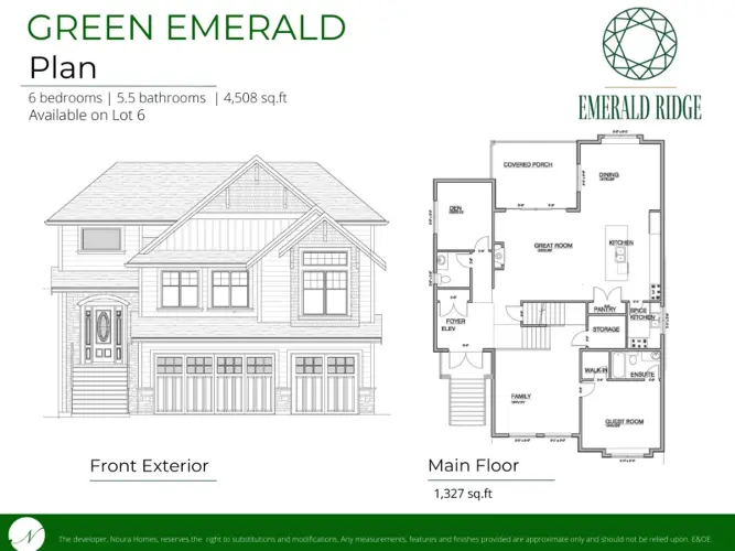 Explore Green Emerald's Custom Home Front Exterior and Main Floor Plan by Noura Homes