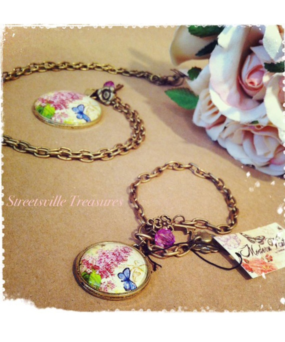 "Modern Vintage" Butterfly/Lilac medallion necklace 