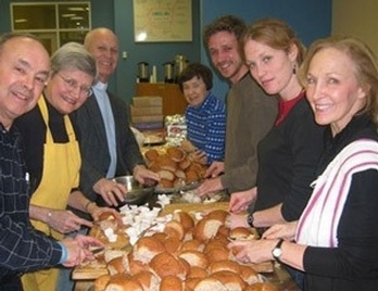 Volunteers preparing the food at Evangel Hall