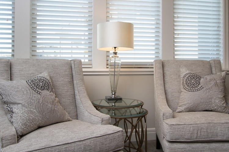 White Table Lamp Between Two Sofa Chairs - Interior Decorator Kansas City by R Designs, LLC
