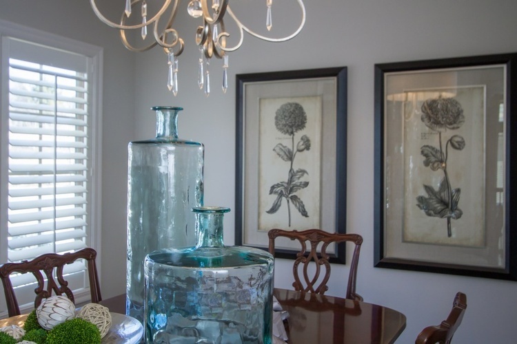 Decorative Glass Bottles on a table, Professional Home Decorators Kansas City by R Designs, LLC