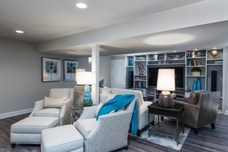 White lamp between white sofas - Living Room Remodel Kansas City by R Designs, LLC