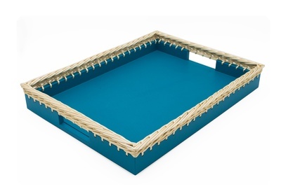 Rectangular Turquoise Nappa Leather Tray With a Woven Wicker Wood Edge - Waterproof Leather Accessories